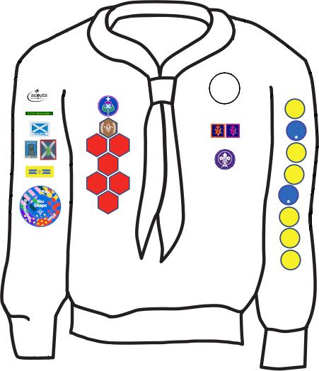 Diagram of where to put badges on a Beaver Scout uniform.