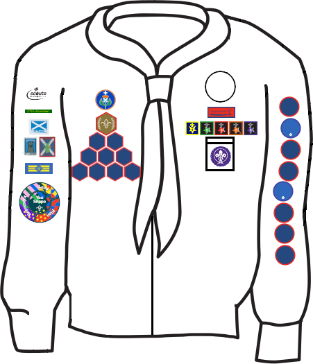 Diagram of where to put badges on a Scout uniform.